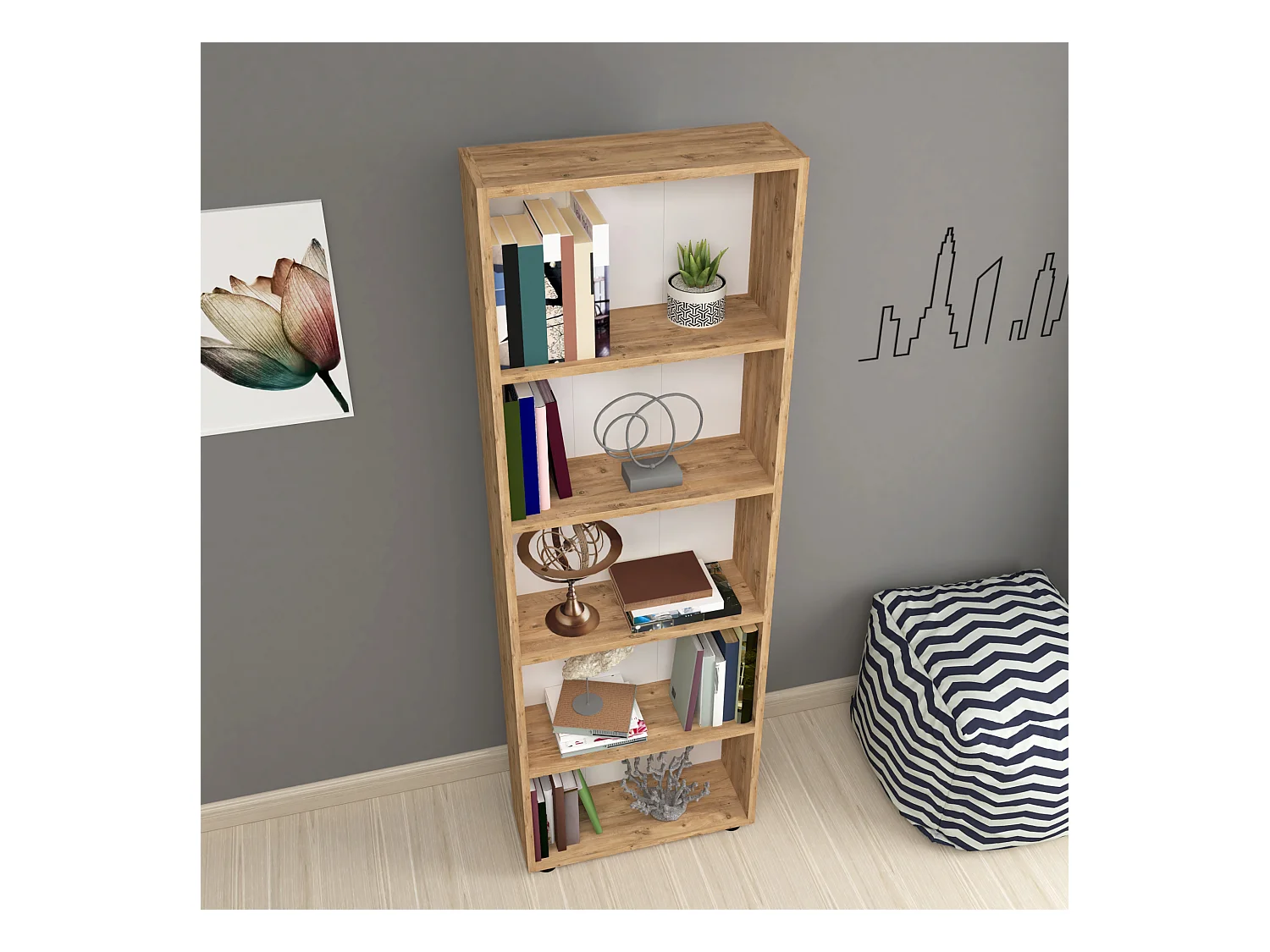 Bibliothèque Vara à 5 niveaux 172 x 55 x 20 cm effet chêne [en.casa]