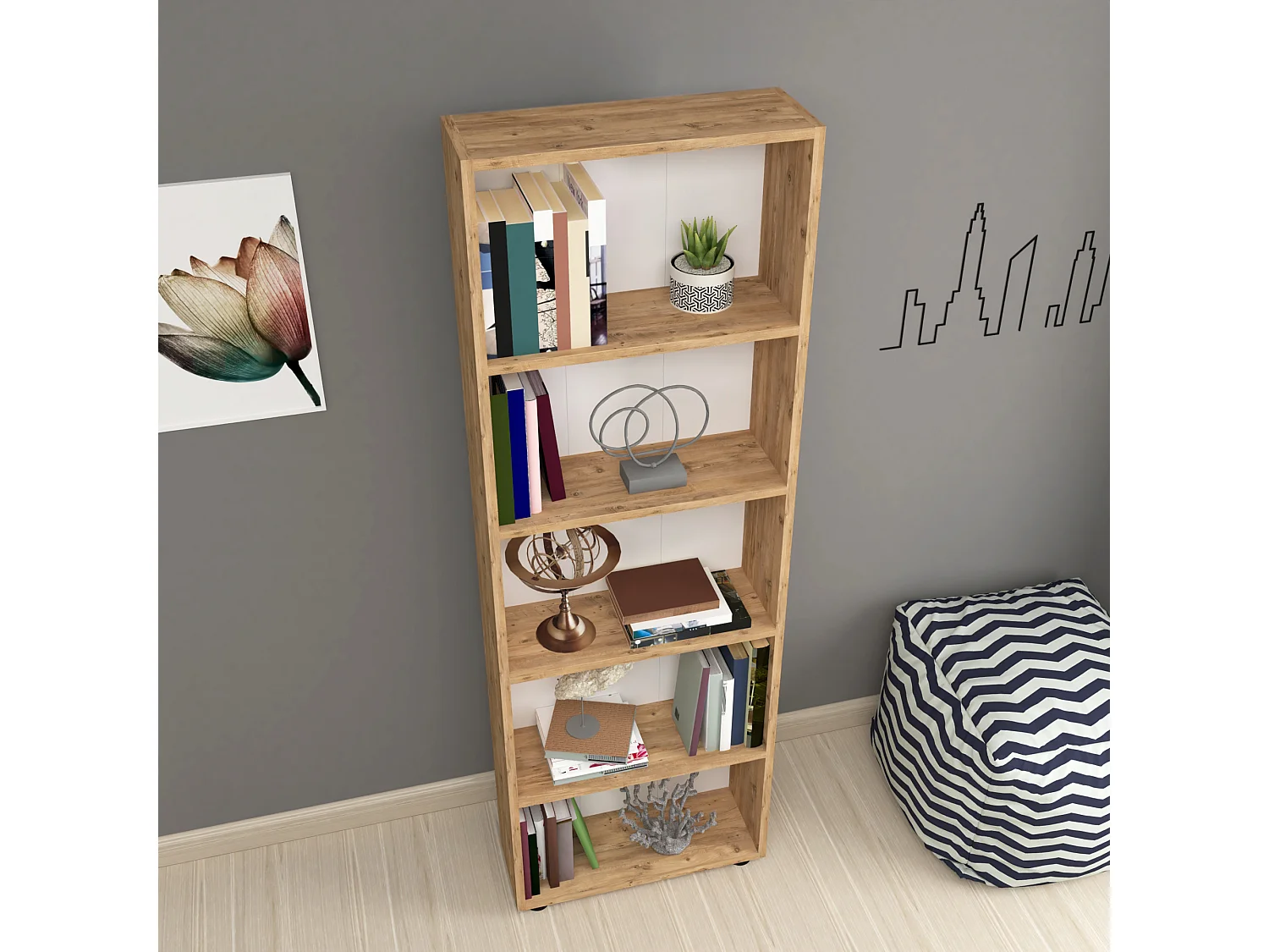 Bibliothèque Vara à 5 niveaux 172 x 55 x 20 cm effet chêne [en.casa]