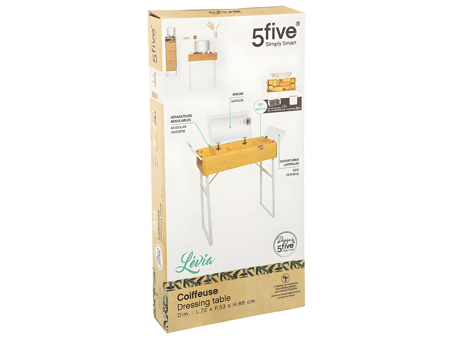 Meuble Coiffeuse 3 ouvertures indépendantes avec Miroir intégré en Bambou et Métal