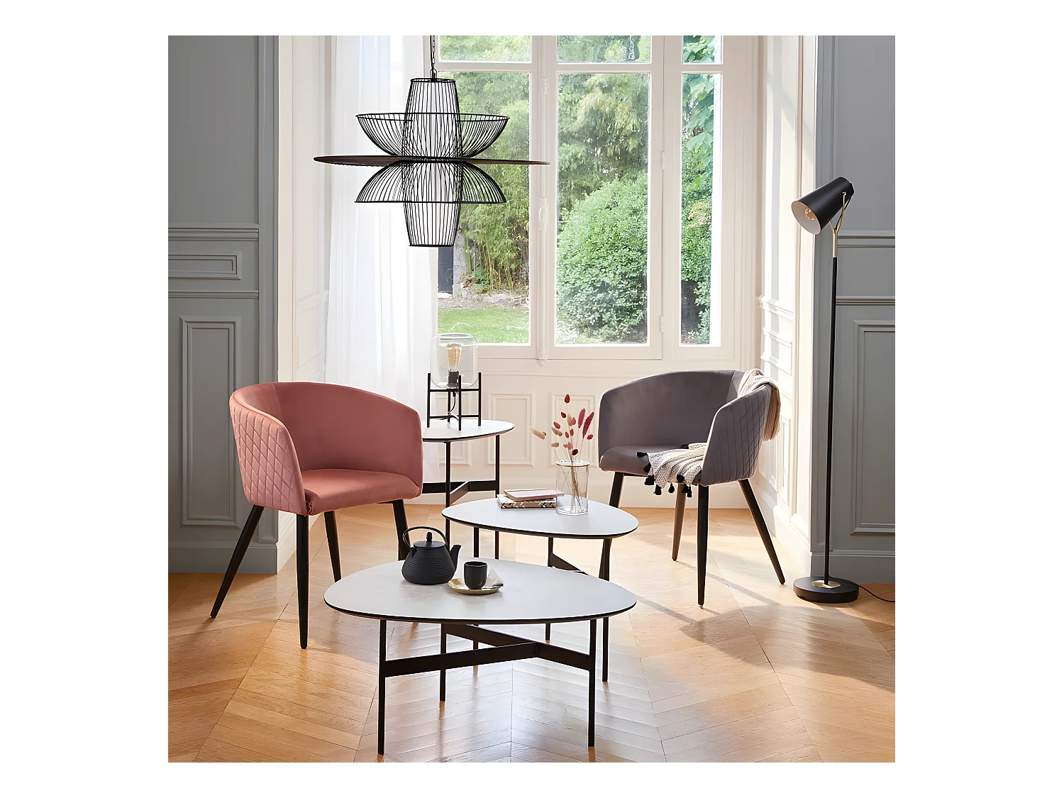 Chaise Fauteuil de table en Velours Gris et pieds en métal noir