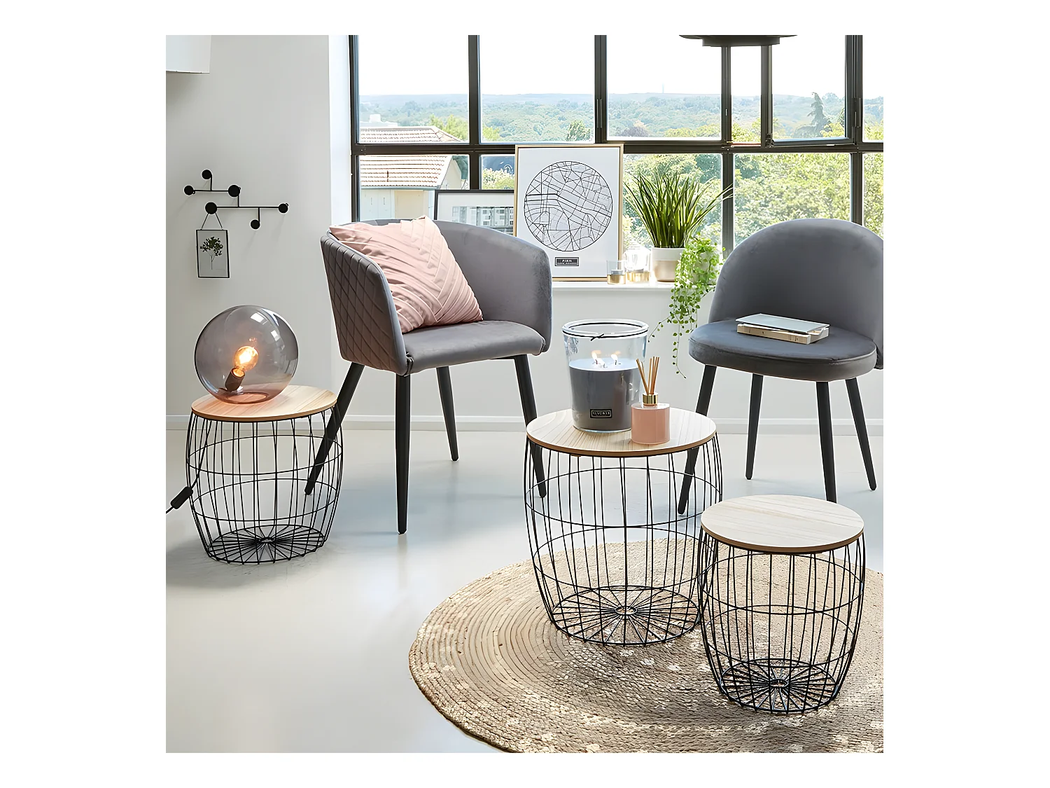 Chaise Fauteuil de table en Velours Gris et pieds en métal noir