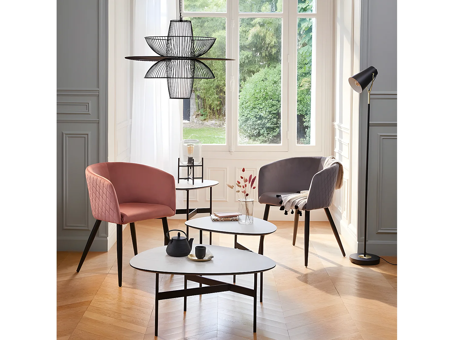 Chaise Fauteuil de table en Velours Gris et pieds en métal noir