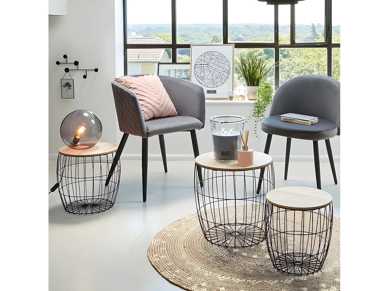 Chaise Fauteuil de table en Velours Gris et pieds en métal noir