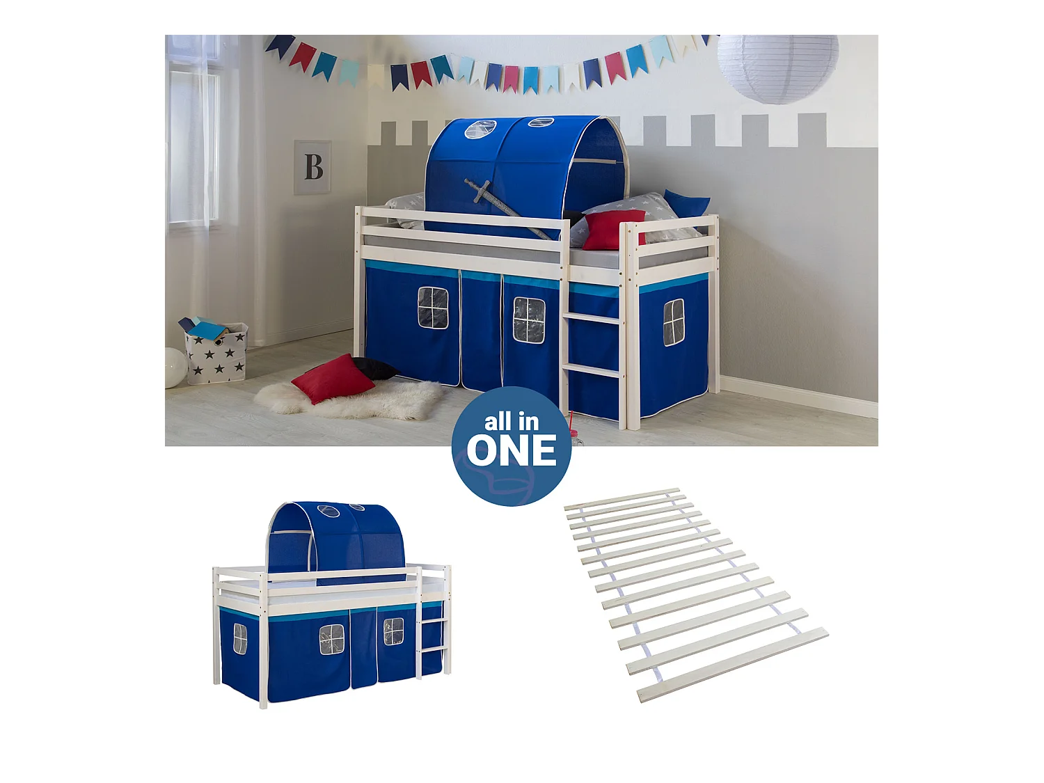 Hochbett 207,5x110x96,5 cm Weiß Blau