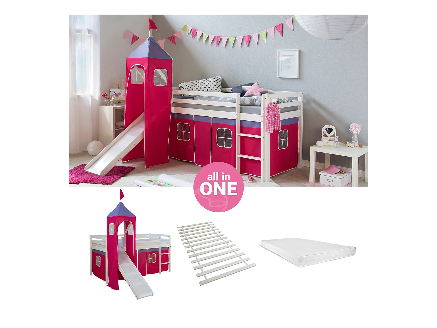 Hochbett 207,5x228x96,5 cm weiß rosa