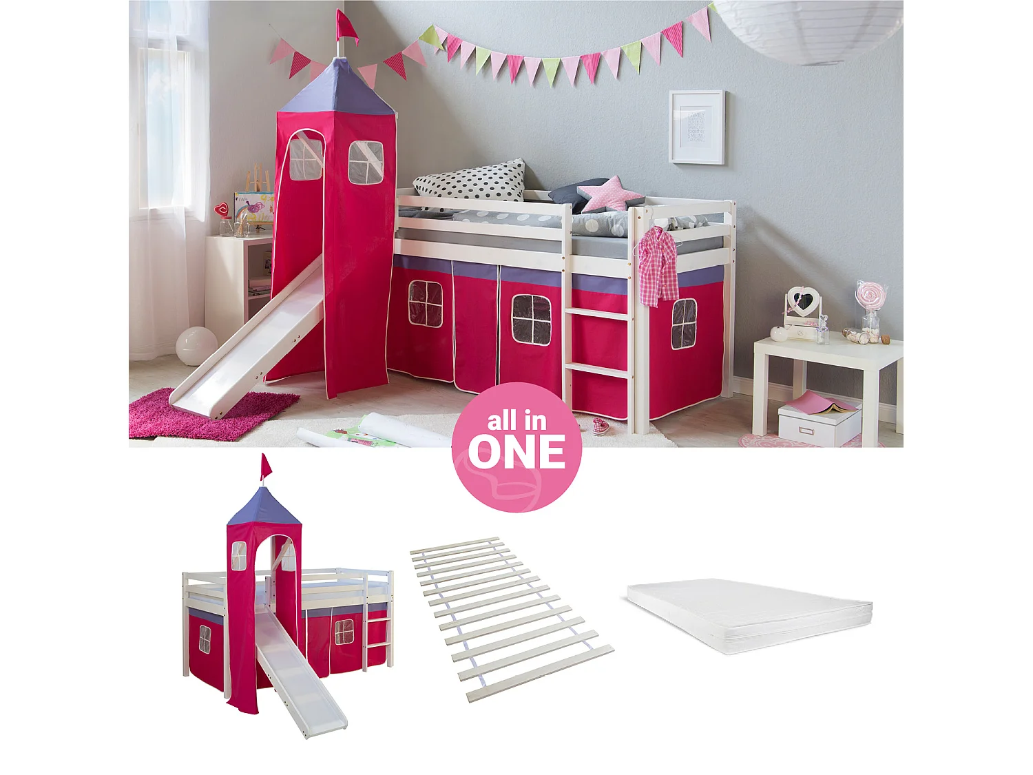 Lit mezzanine 207,5x228x96,5 cm blanc rose