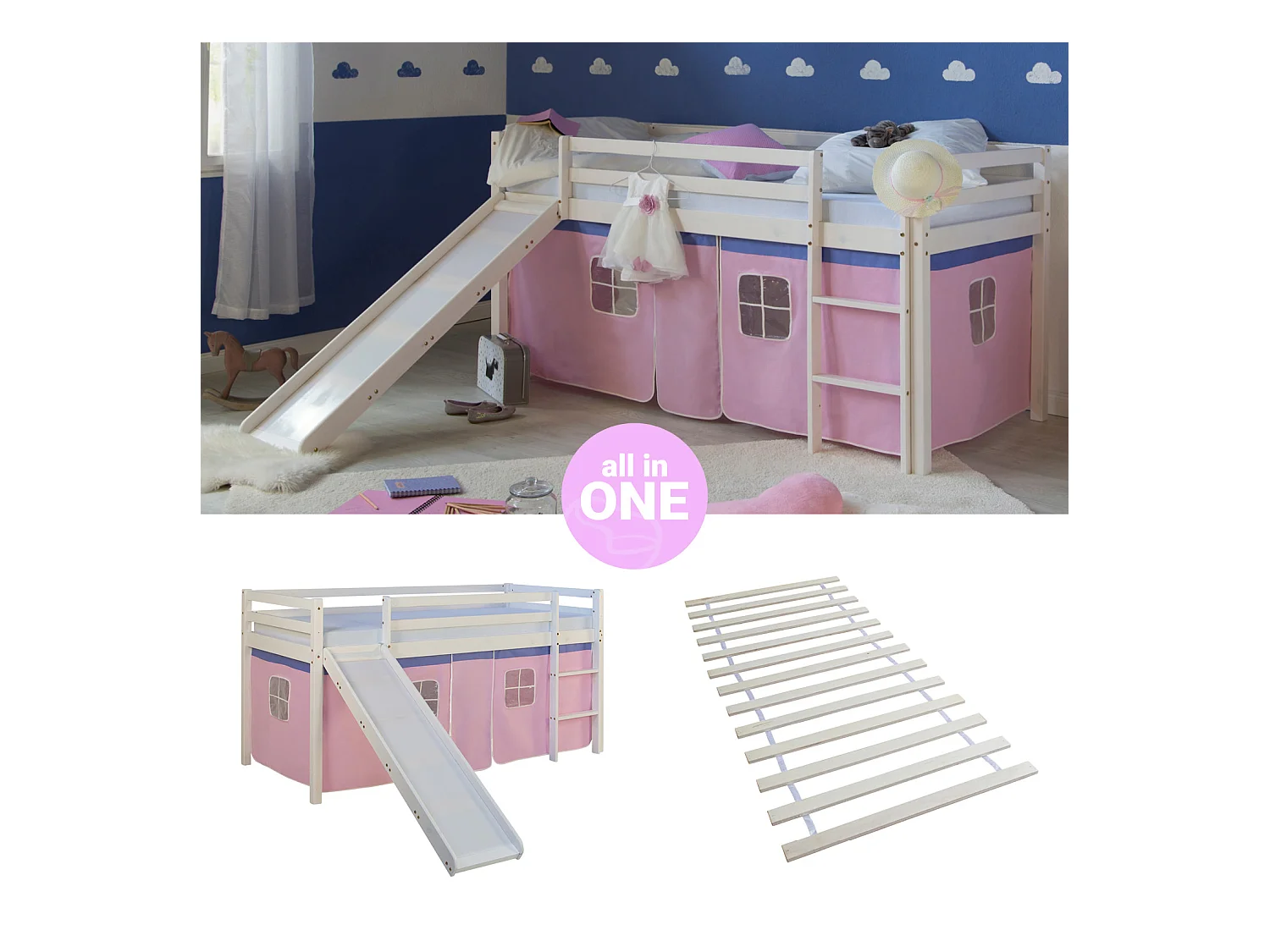 Hochbett 207,5x110x219,5 cm Weiß Pink Massivkiefernholz