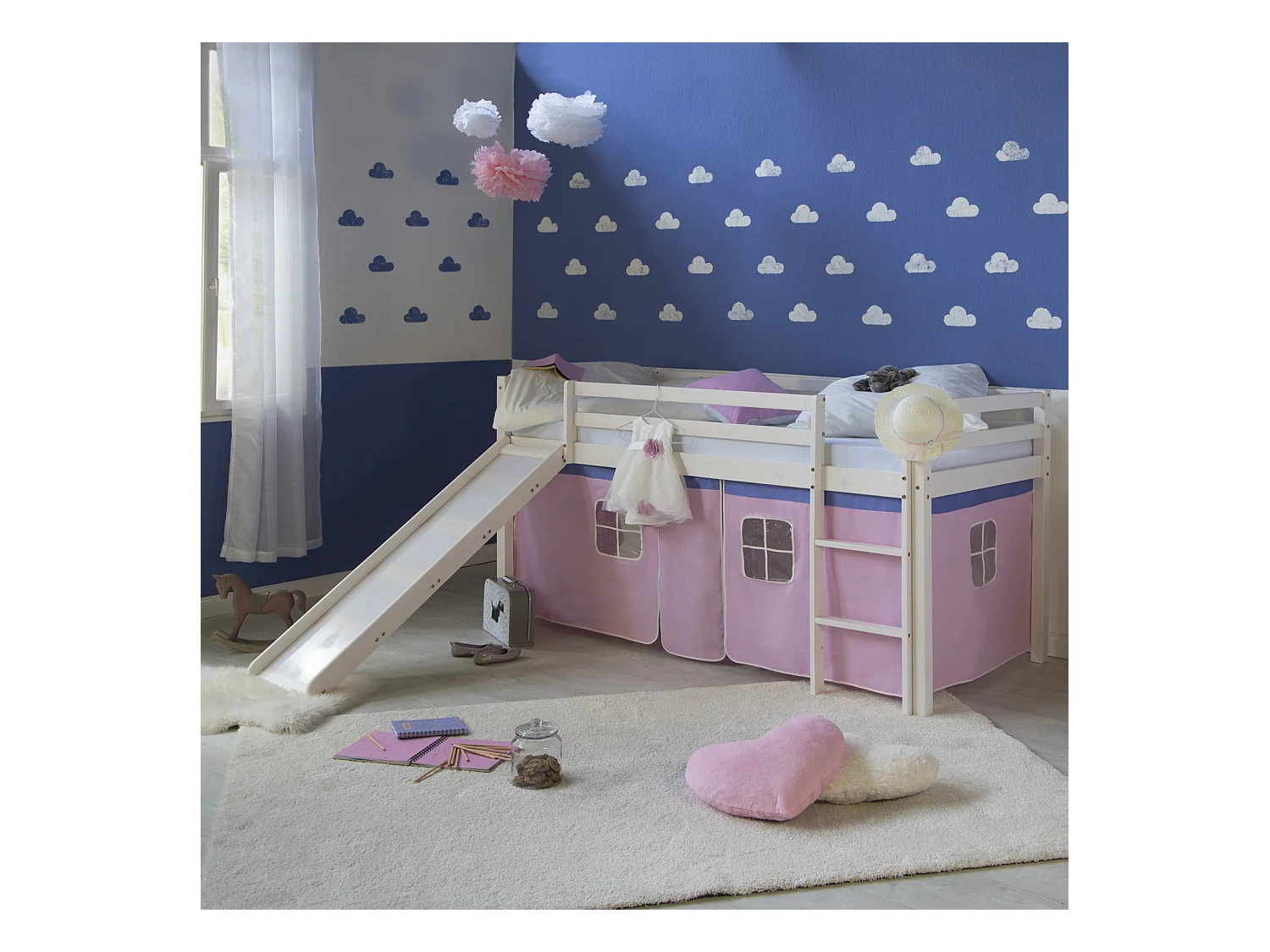 Letto a soppalco 207,5x110x219,5 cm Bianco rosa Legno massello di pino