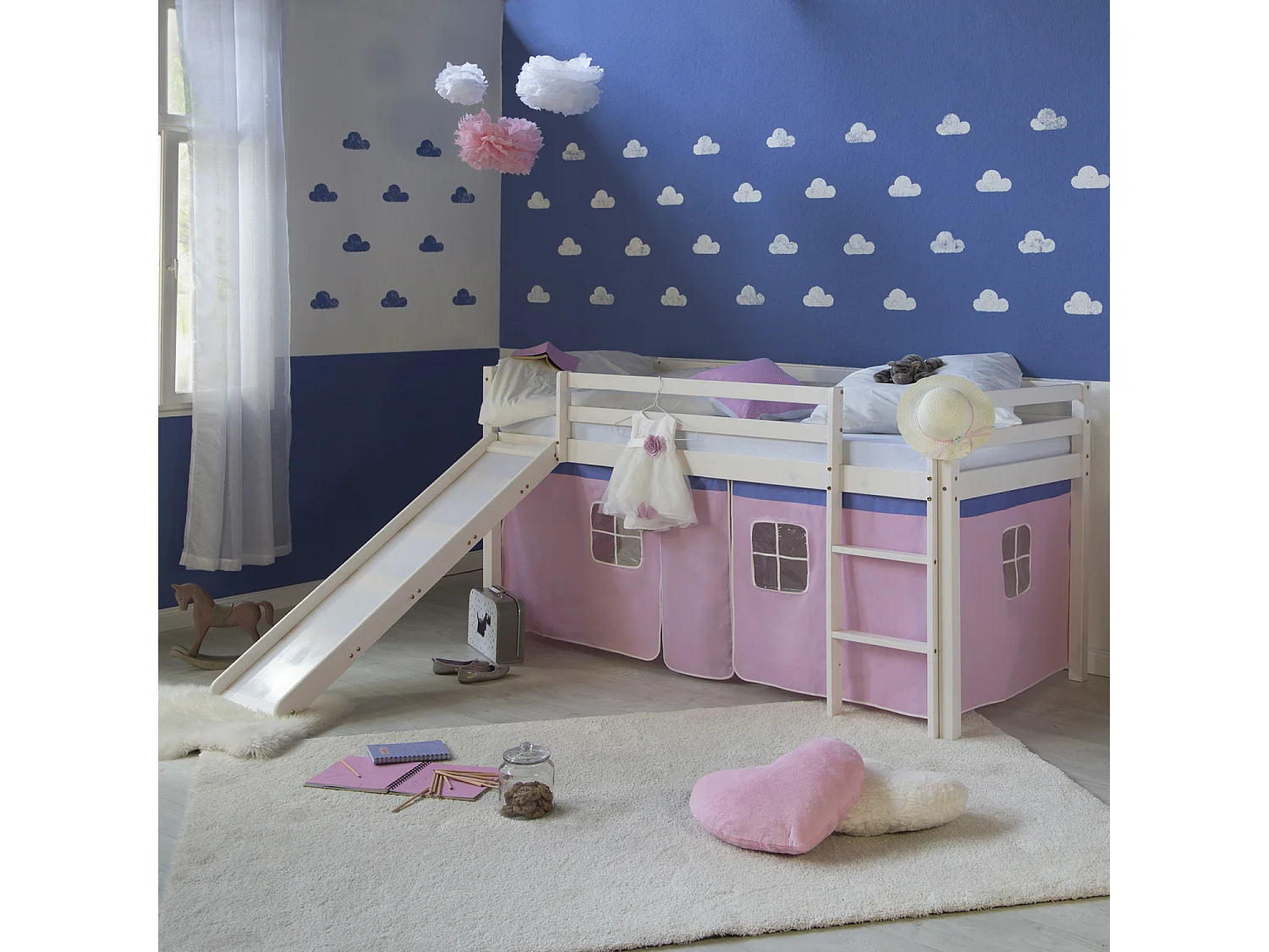 Hochbett 207,5x110x219,5 cm Weiß Pink Massivkiefernholz