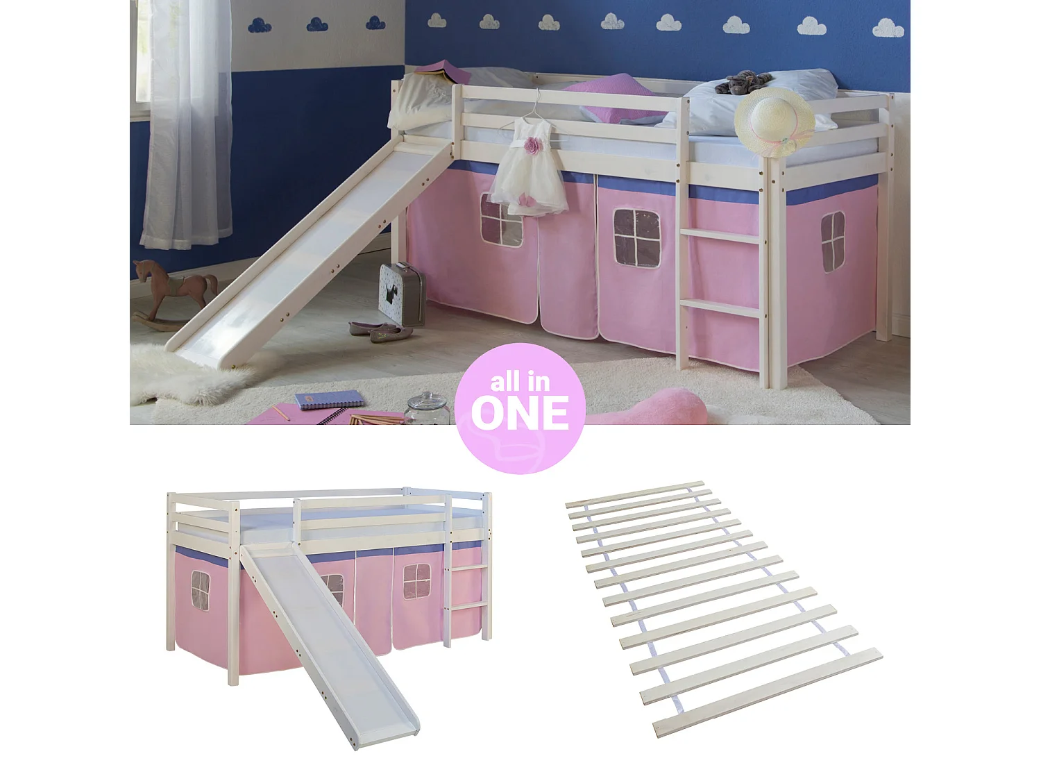 Hochbett 207,5x110x219,5 cm Weiß Pink Massivkiefernholz