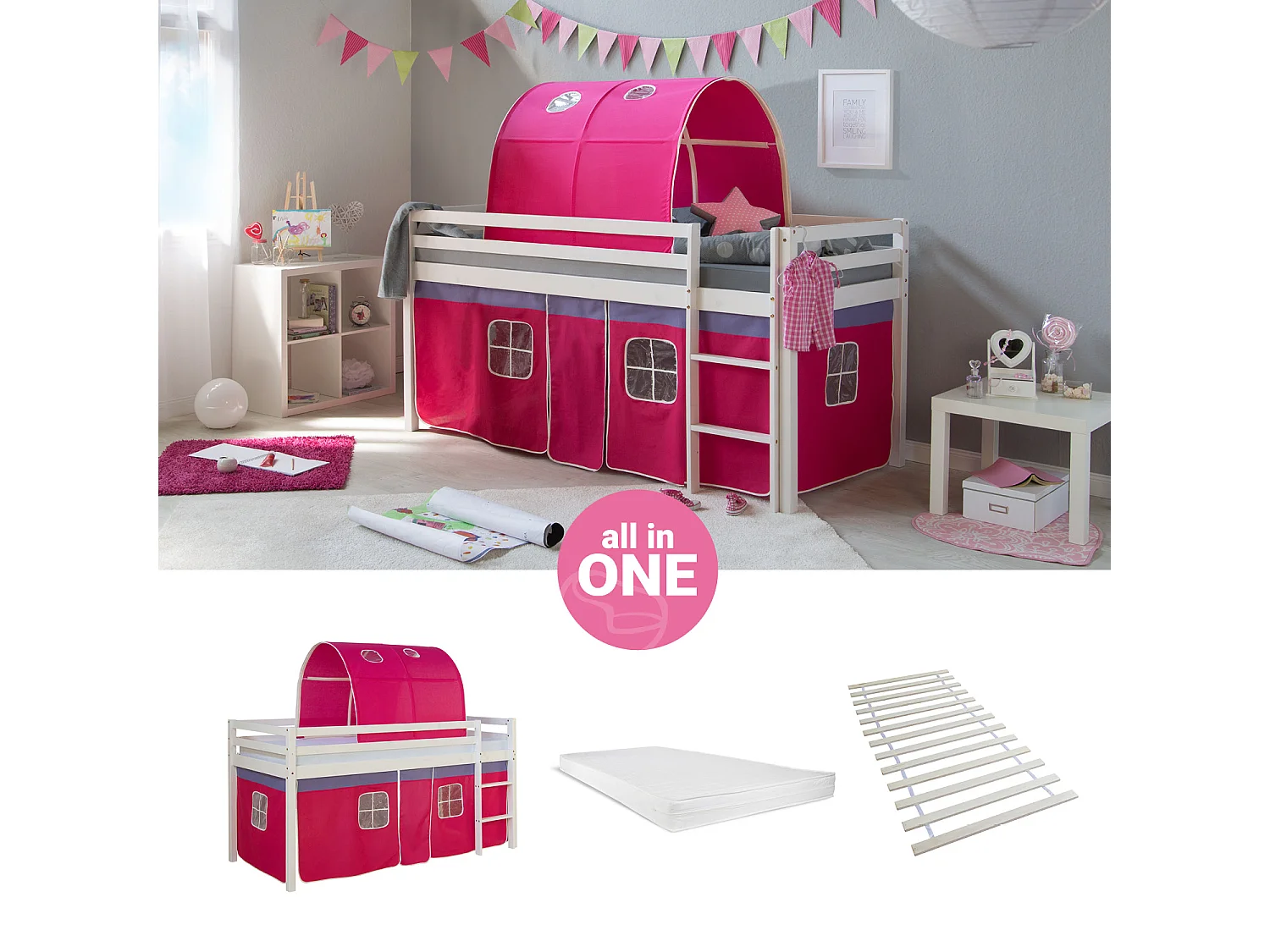 Hochbett 90x200 cm Rosa