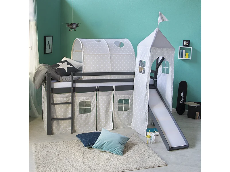 Kinderbed 90x200 cm grijze sterren Slide Tunnel Toren Massief Grenen