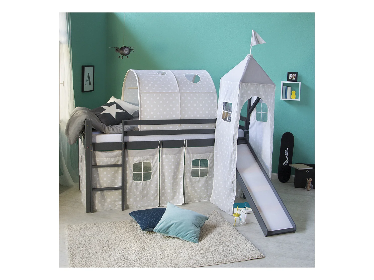 Kinderbett 90x200 cm grau Sterne Rutsche Tunnel Turm Massiv Kiefer