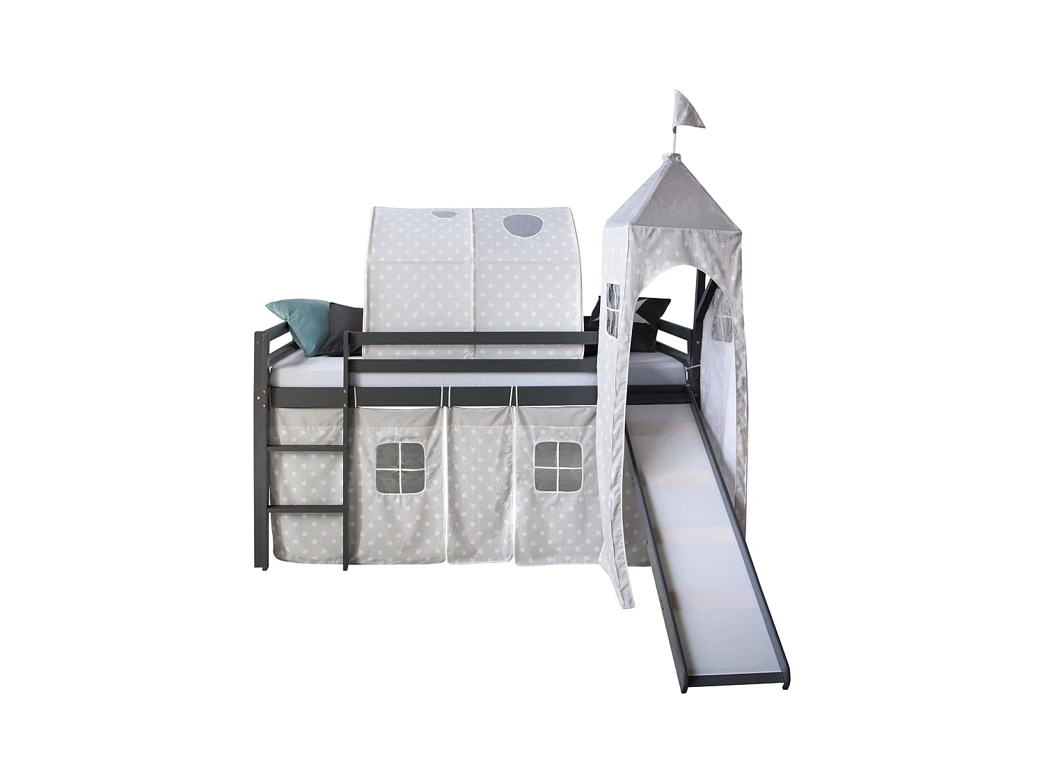 Kinderbett 90x200 cm grau Sterne Rutsche Tunnel Turm Massiv Kiefer