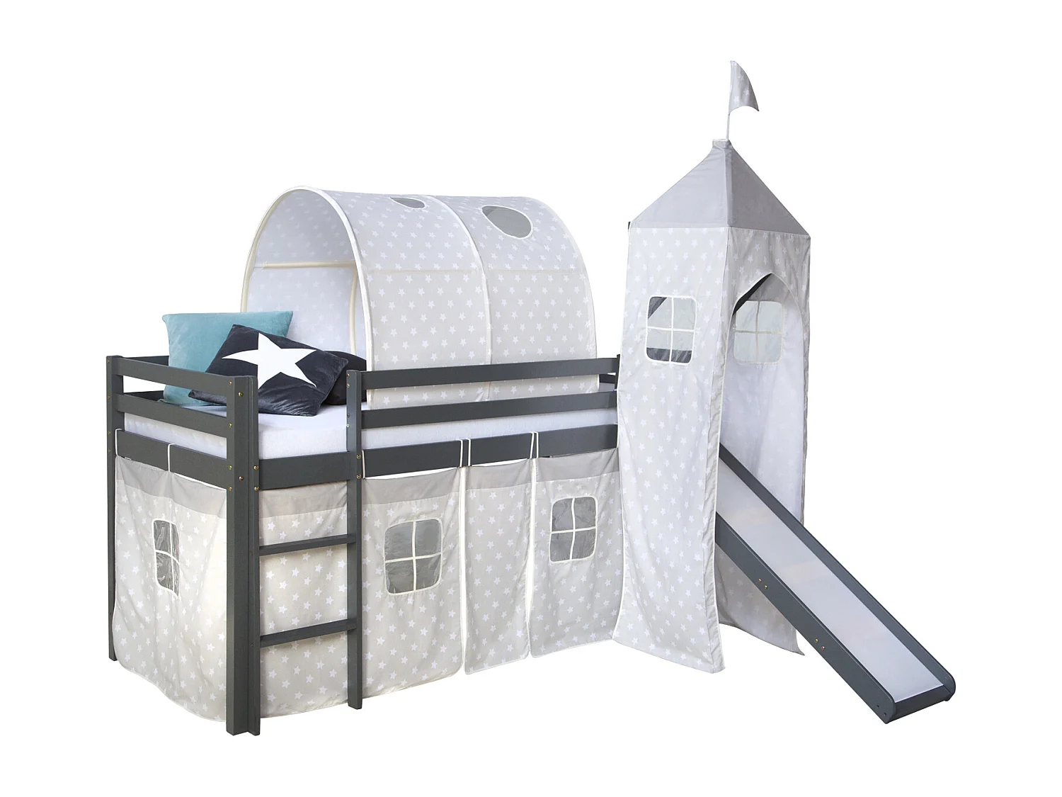 Kinderbed 90x200 cm grijze sterren Slide Tunnel Toren Massief Grenen