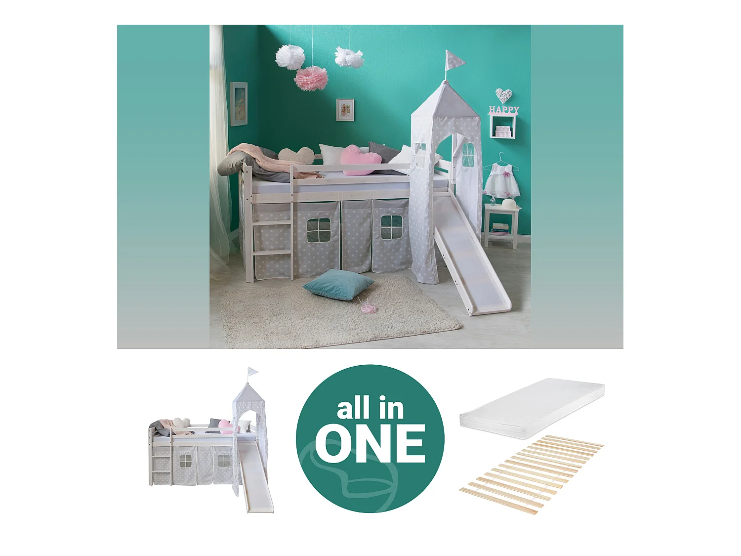 Hochbett 207,5x228x219,5 cm weiß grau Matratzen-Turm Etagenbett