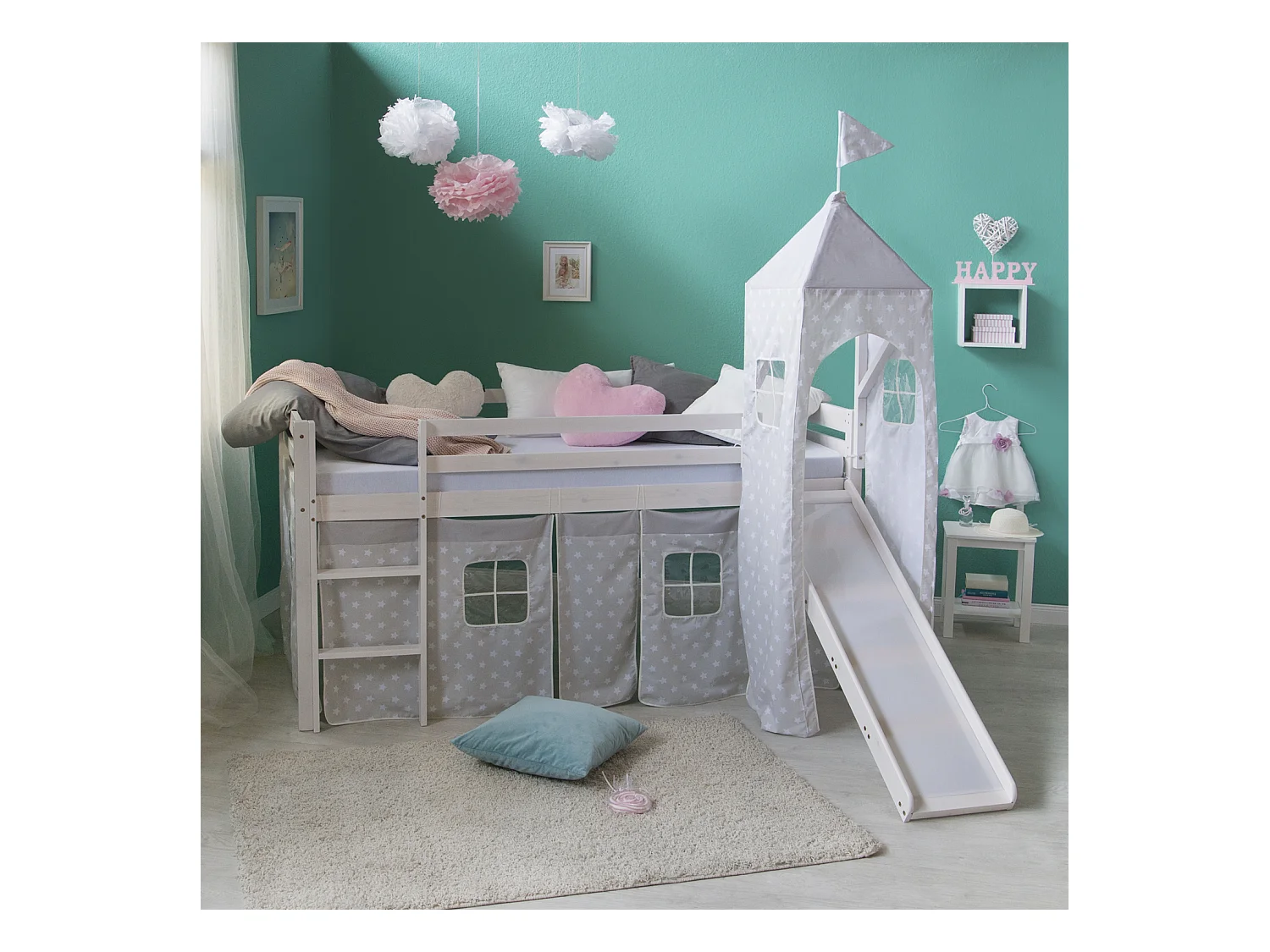 Lit mezzanine 207,5x228x219,5 cm blanc gris matelas tour lit superposé