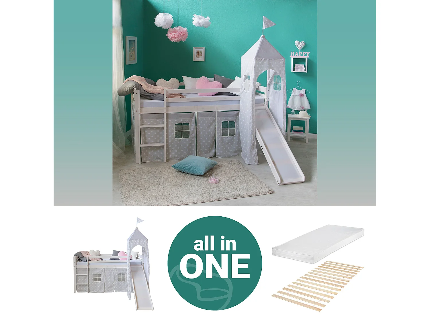 Lit mezzanine 207,5x228x219,5 cm blanc gris matelas tour lit superposé