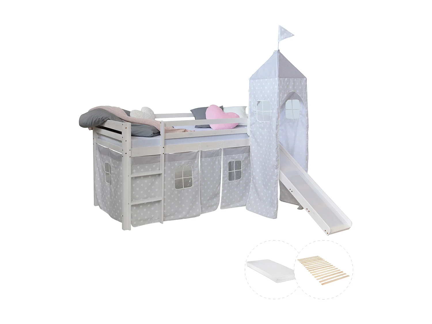 Lit mezzanine 207,5x228x219,5 cm blanc gris matelas tour lit superposé