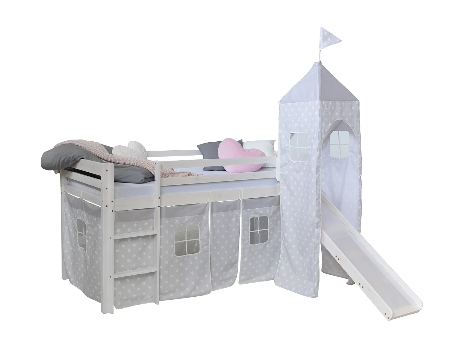 Lit mezzanine 207,5x228x219,5 cm blanc gris matelas tour lit superposé