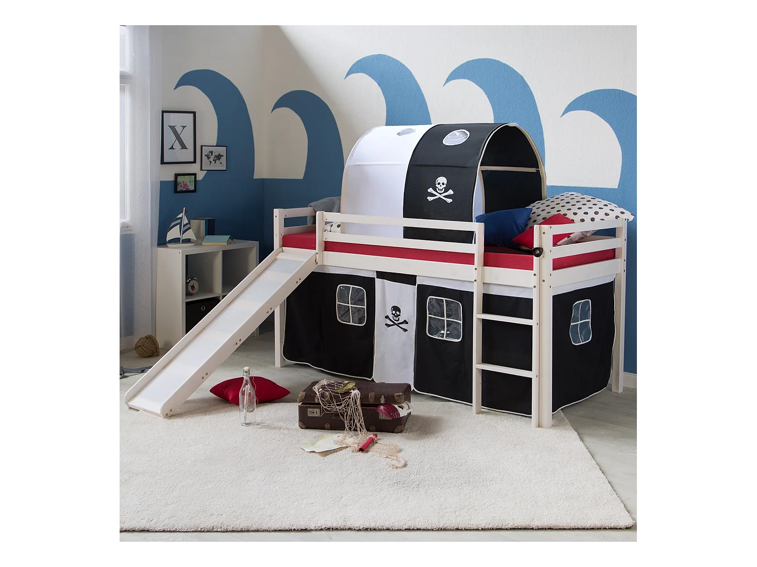 Hochbett 207,5x110x219,5 cm Weiß Schwarz Pirat Slatts