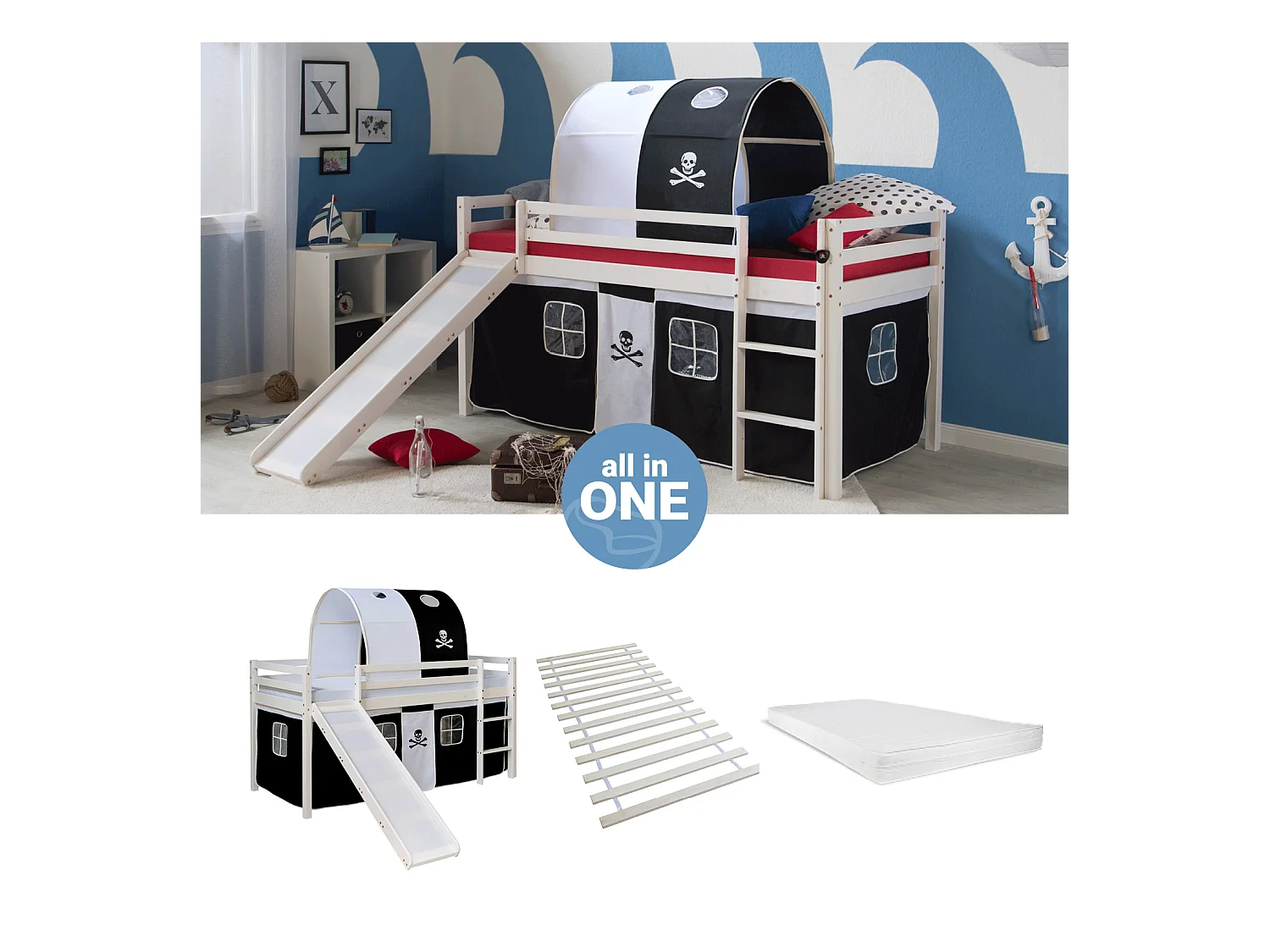 Hochbett 207,5x110x219,5 cm Weiß Schwarz Pirat Slatts