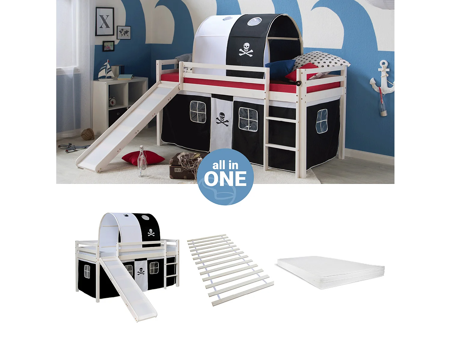 Hochbett 207,5x110x219,5 cm Weiß Schwarz Pirat Slatts