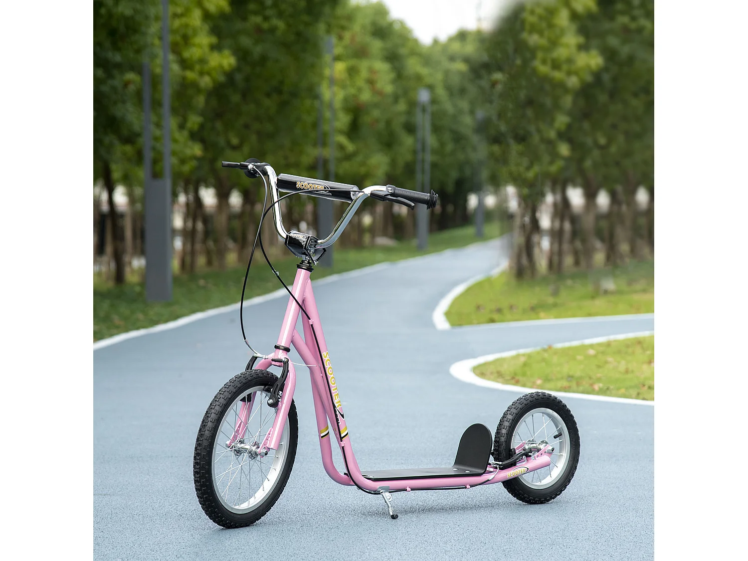 Trottinette patinette enfant à partir de 5 ans grands pneus guidon réglable poignées freins et béquille acier rose