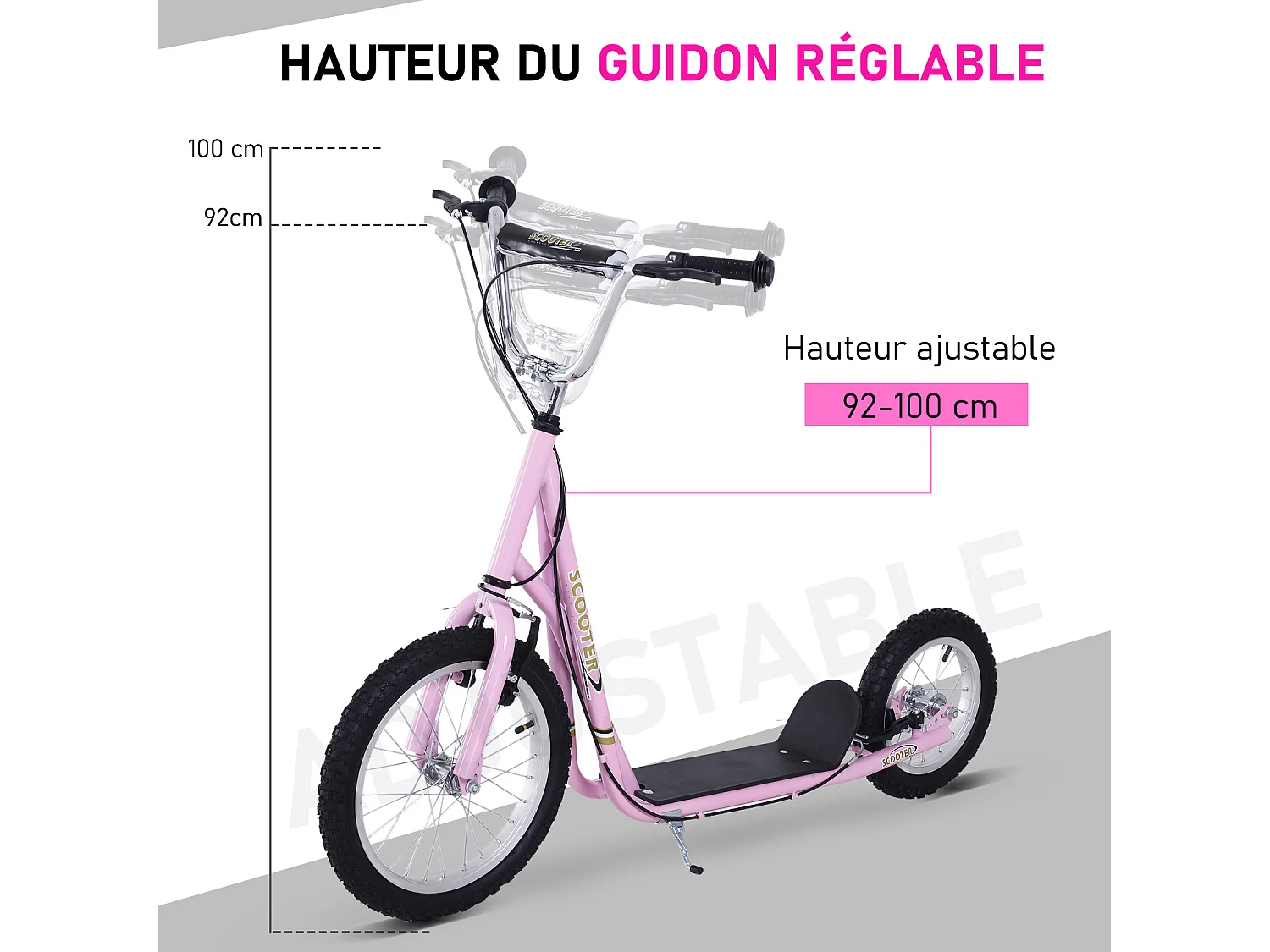Trottinette patinette enfant à partir de 5 ans grands pneus guidon réglable poignées freins et béquille acier rose