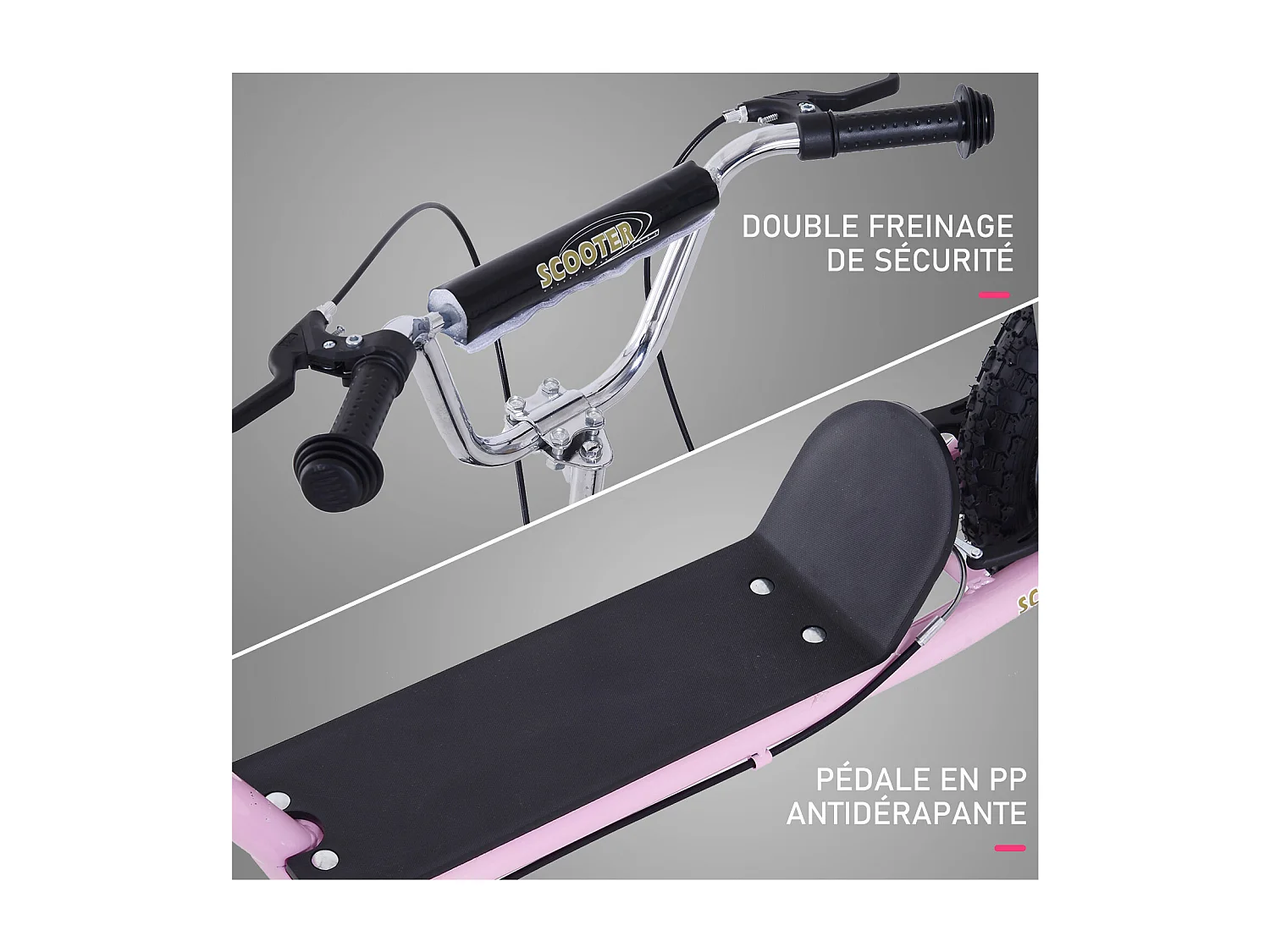 Trottinette patinette enfant à partir de 5 ans grands pneus guidon réglable poignées freins et béquille acier rose