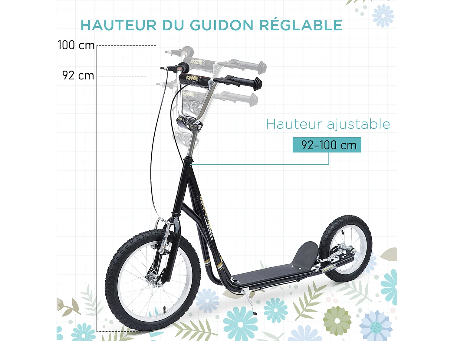 Trottinette patinette enfant à partir de 5 ans grands pneus guidon réglable poignées freins et béquille acier noir