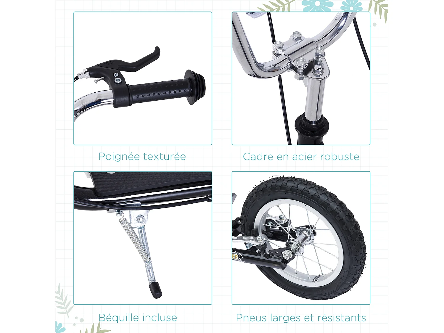 Trottinette patinette enfant à partir de 5 ans grands pneus guidon réglable poignées freins et béquille acier noir