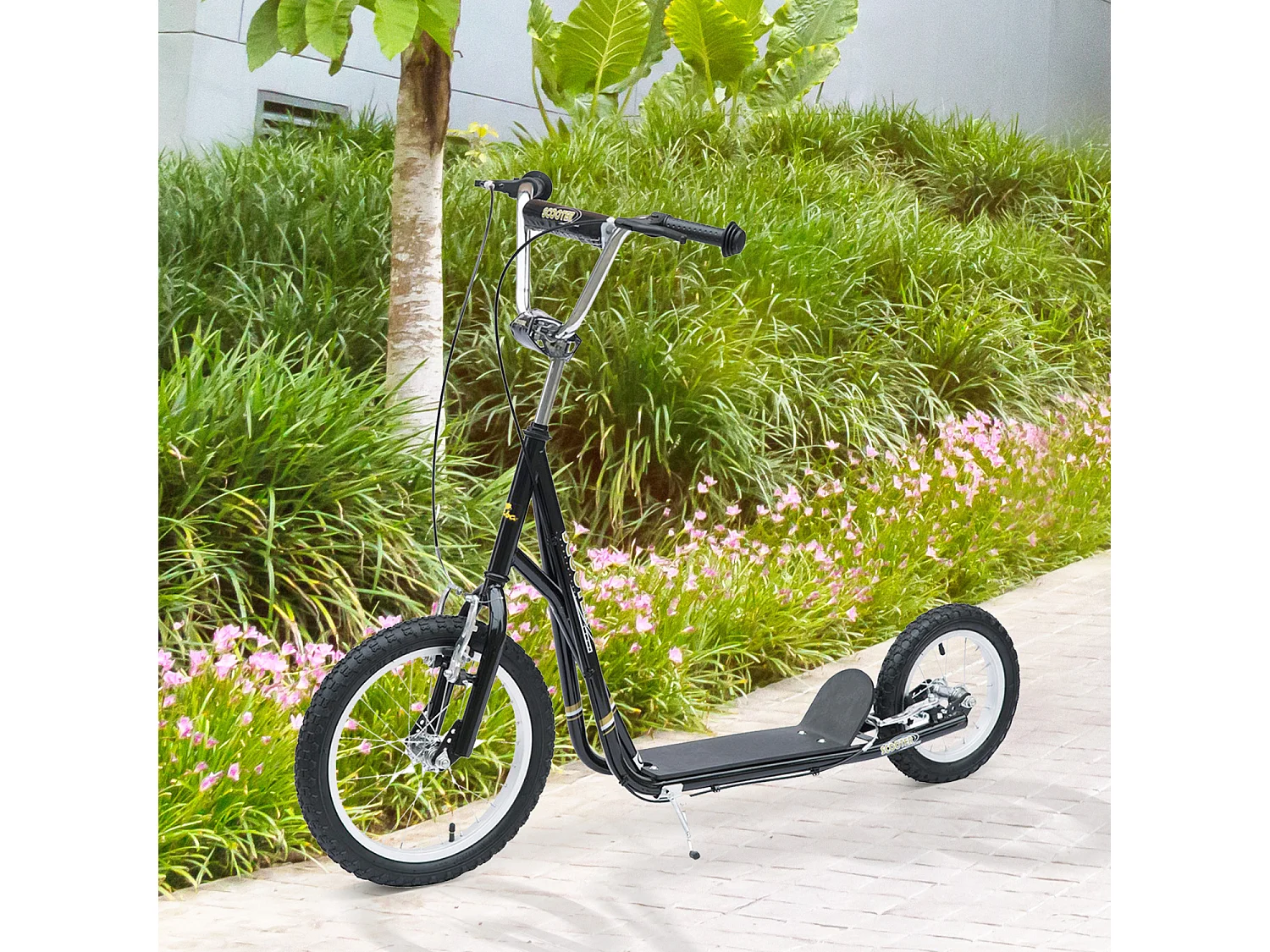 Trottinette patinette enfant à partir de 5 ans grands pneus guidon réglable poignées freins et béquille acier noir