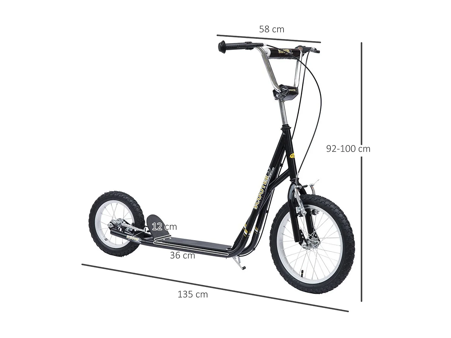 Trottinette patinette enfant à partir de 5 ans grands pneus guidon réglable poignées freins et béquille acier noir