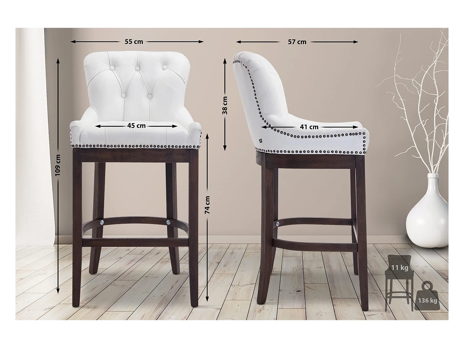 Tabouret de bar x1 cuir blanche 55 x 57 x 109 cm 10_0005055