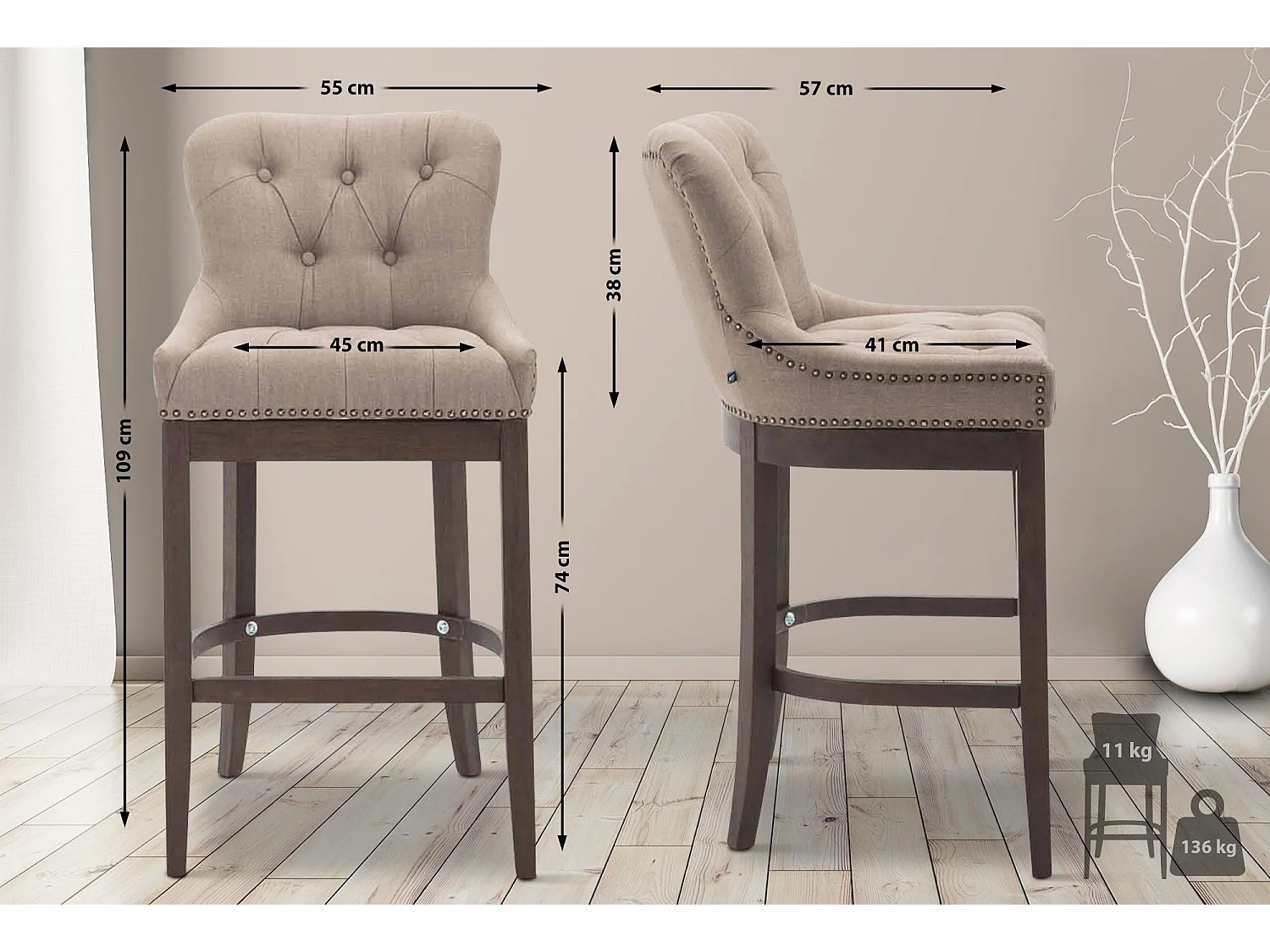 Tabouret de bar x1 bois marron 55 x 57 x 109 cm 10_0005061