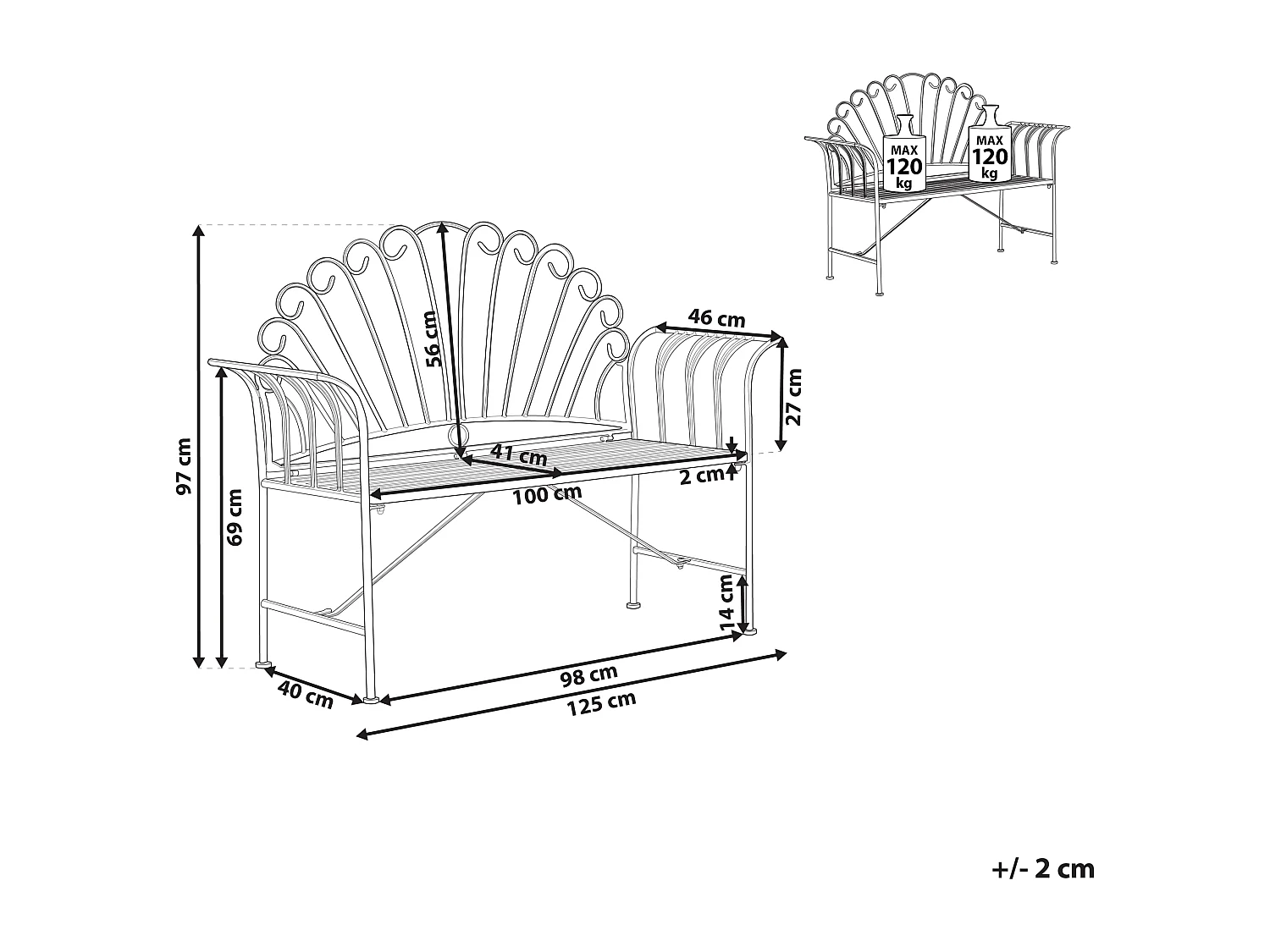Banc de jardin CAVINIA 125 cm Métal Rouge Bordeaux