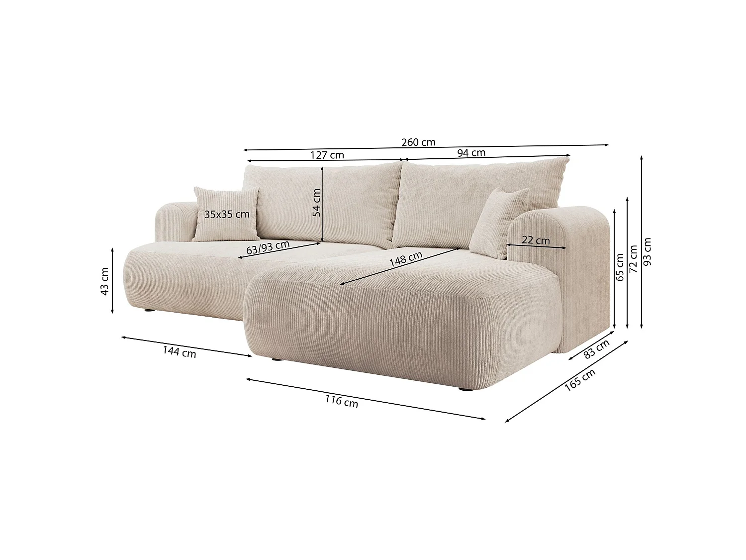 Canapé d'angle convertible 4 places avec coffre en velours beige