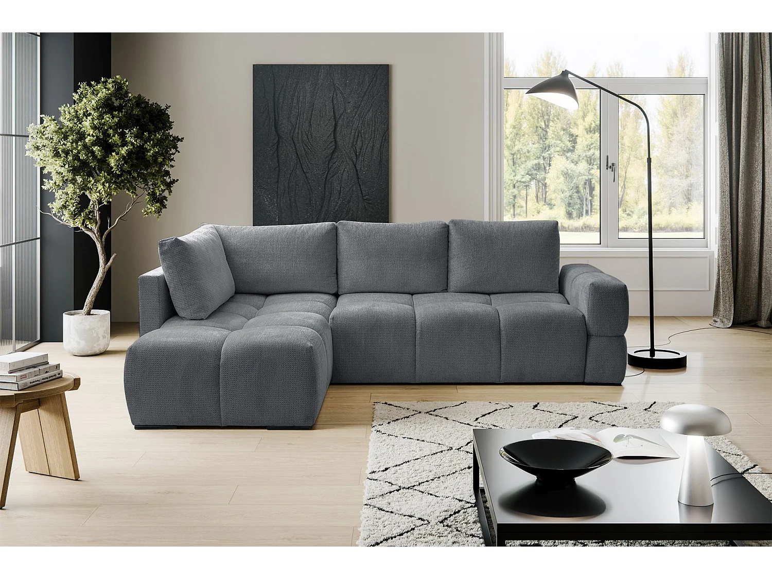 Canapé d’angle en chenille – convertible avec coffre de rangement – gris foncé – réversible – TAREMI