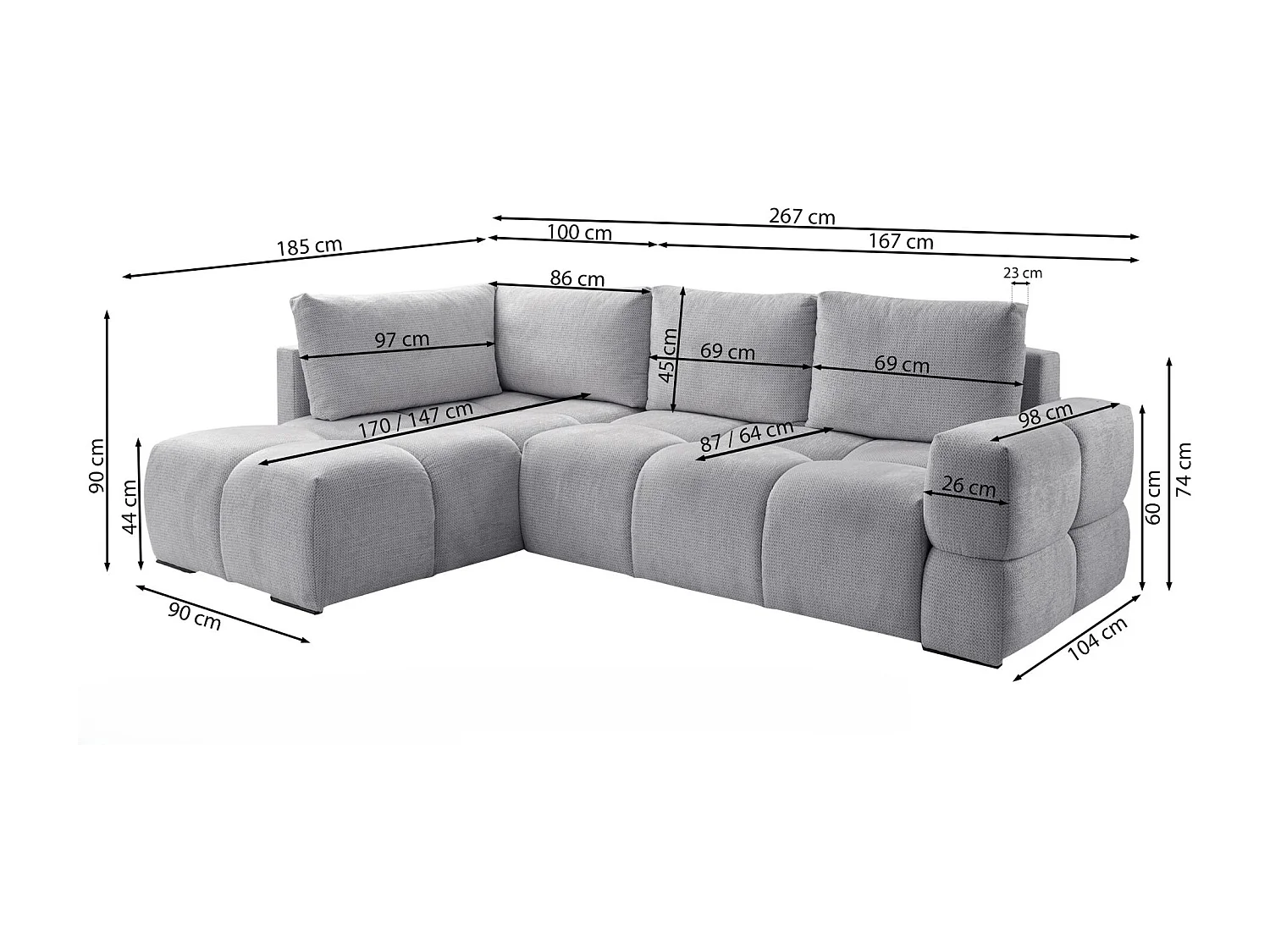 Canapé d’angle en chenille – convertible avec coffre de rangement – gris foncé – réversible – TAREMI