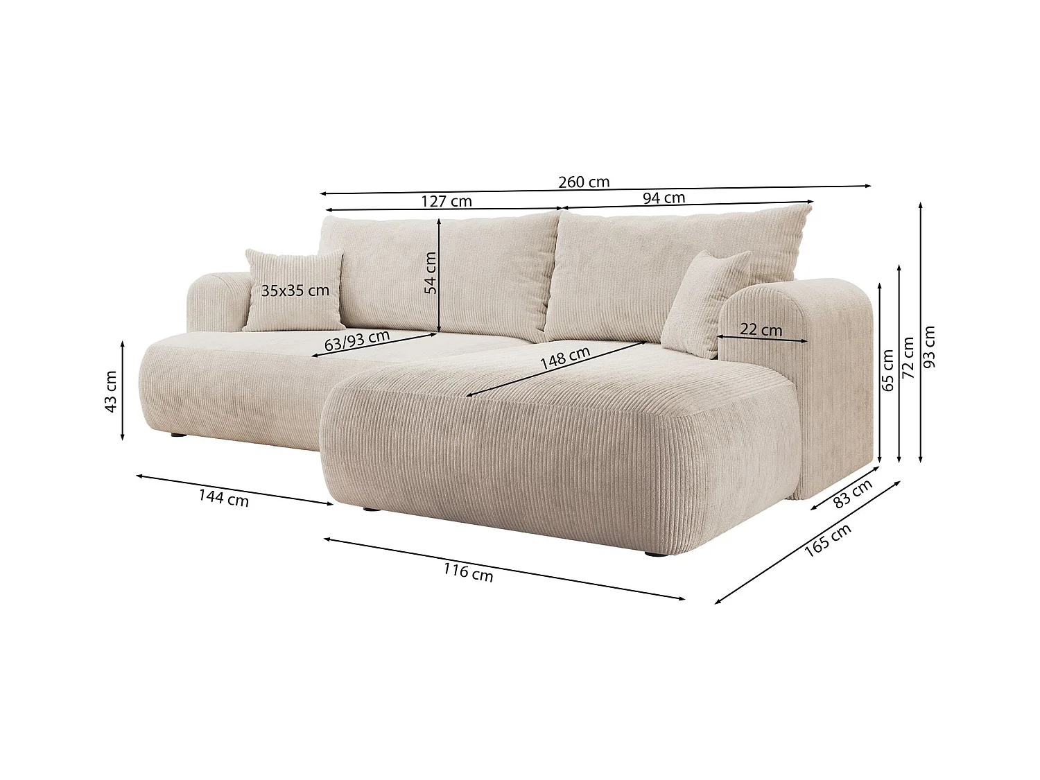 Canapé d’angle en velours côtelé – convertible avec coffre de rangement – beige-gris – droit – OVO CORD