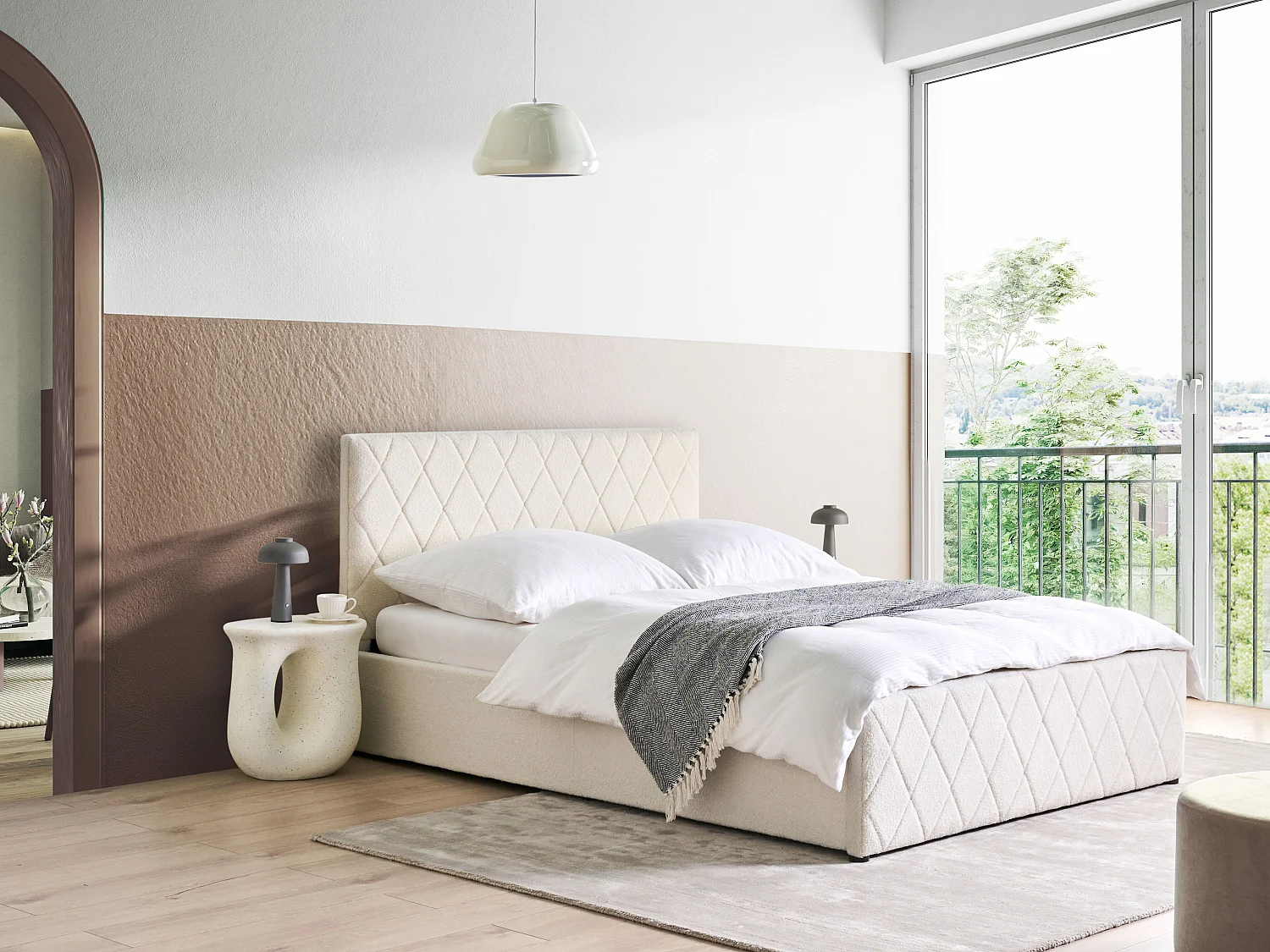 Lit ottoman Bouclé ROCHEFORT 140 x 200 cm Blanc cassé