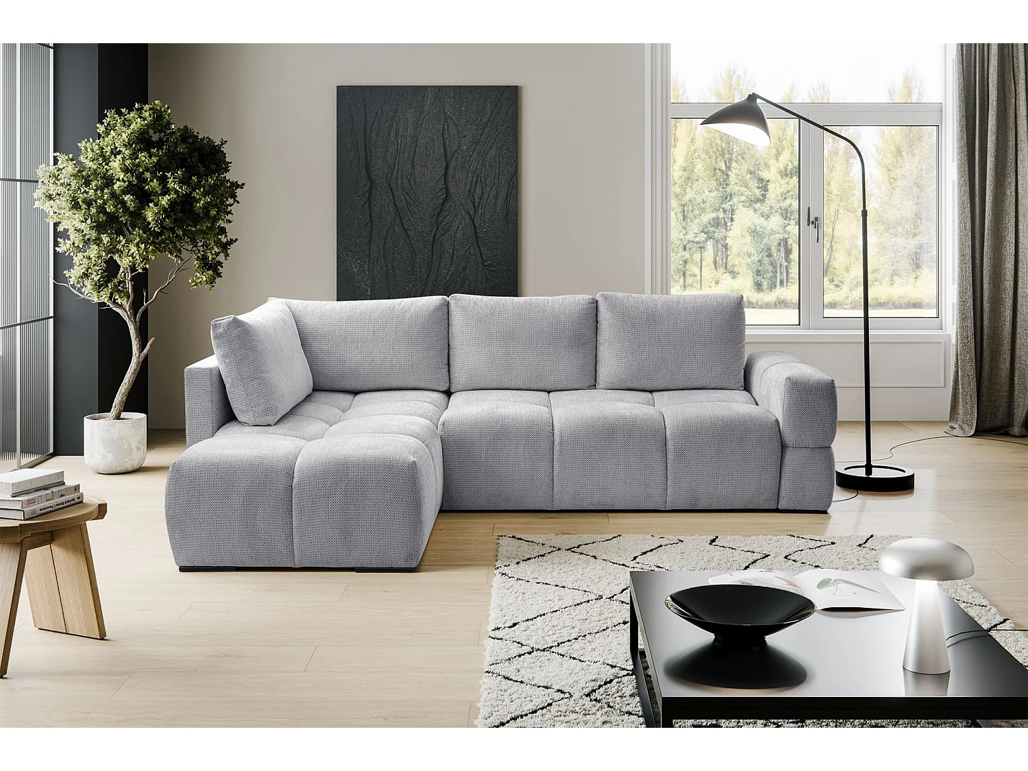 Ecksofa mit Chenillebezug – Schlaffunktion und Stauraum – Grau – beidseitig – TAREMI