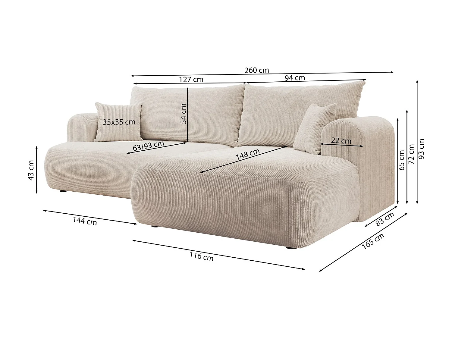 Canapé d’angle en velours côtelé – convertible avec coffre de rangement – blanc – droit – OVO CORD