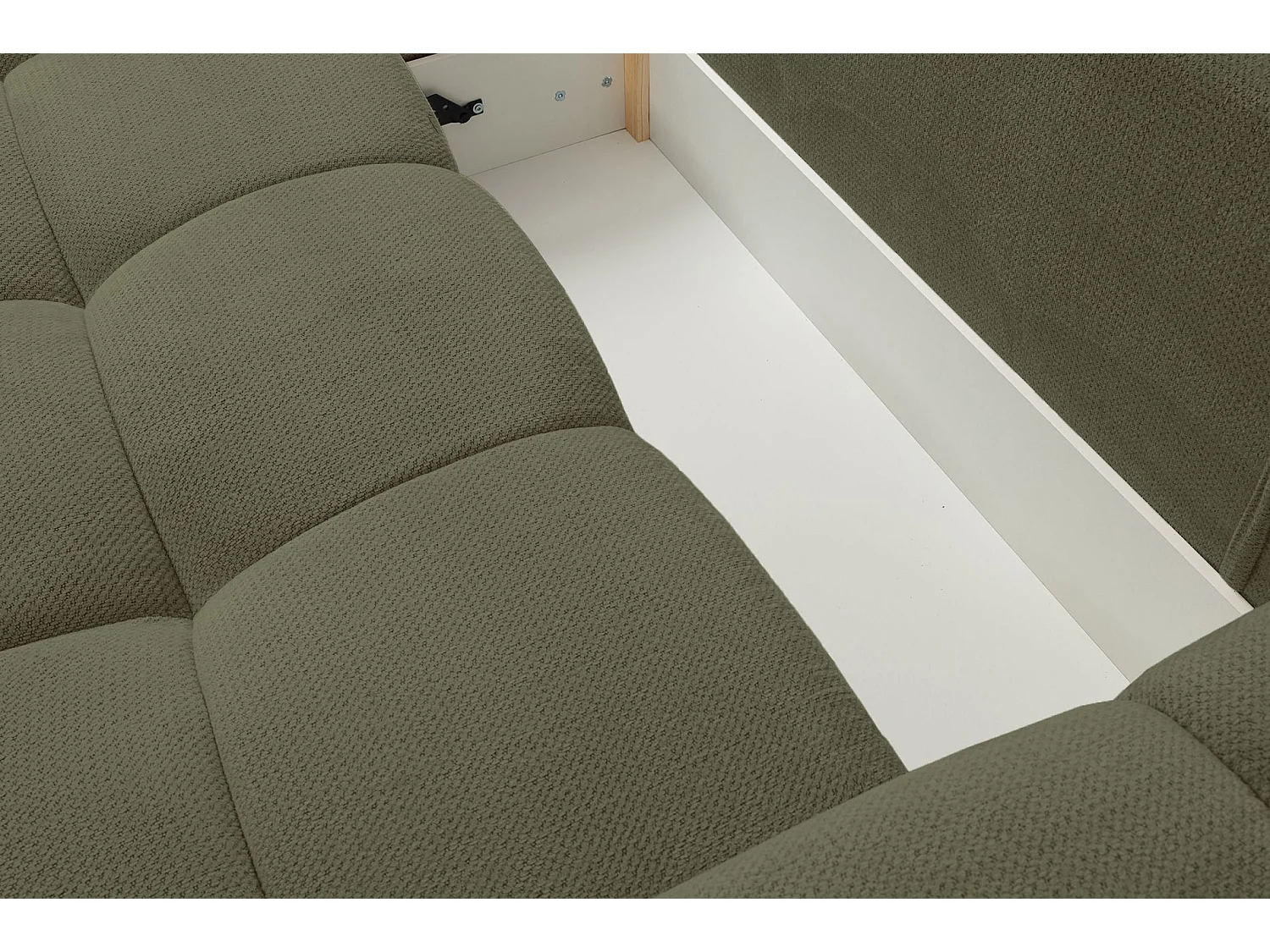 Ecksofa mit Chenillebezug – Schlaffunktion und Stauraum – Olivgrün – beidseitig – TAREMI