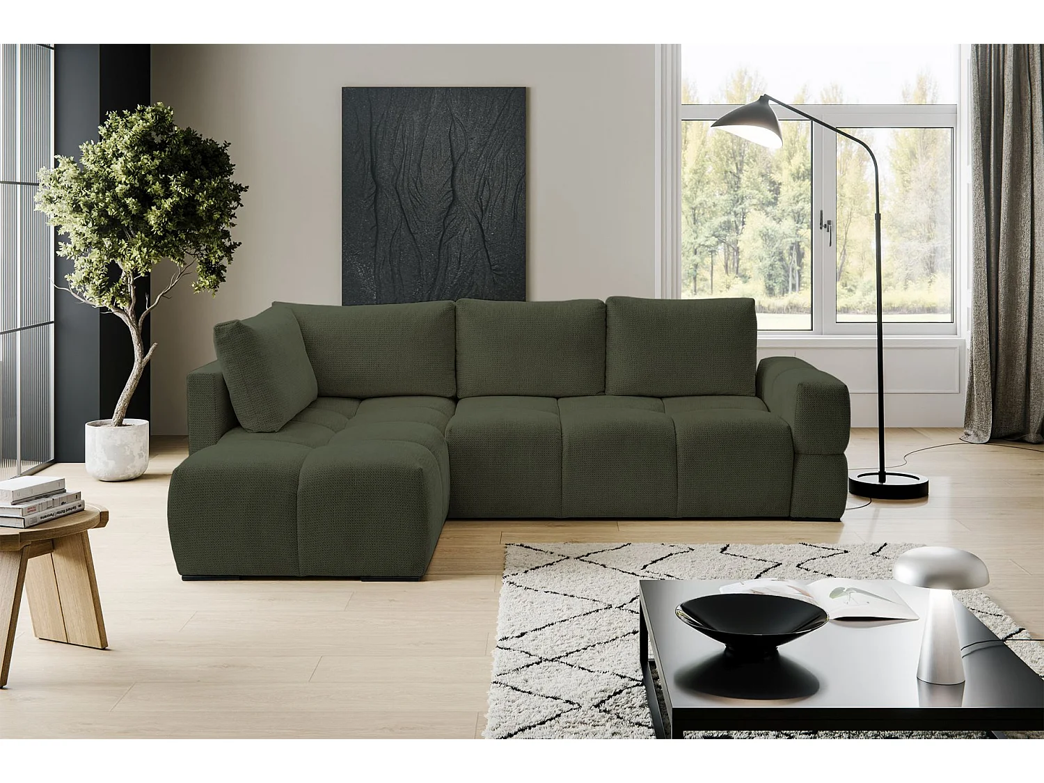 Canapé d’angle en chenille – convertible avec coffre de rangement – vert olive – réversible – TAREMI