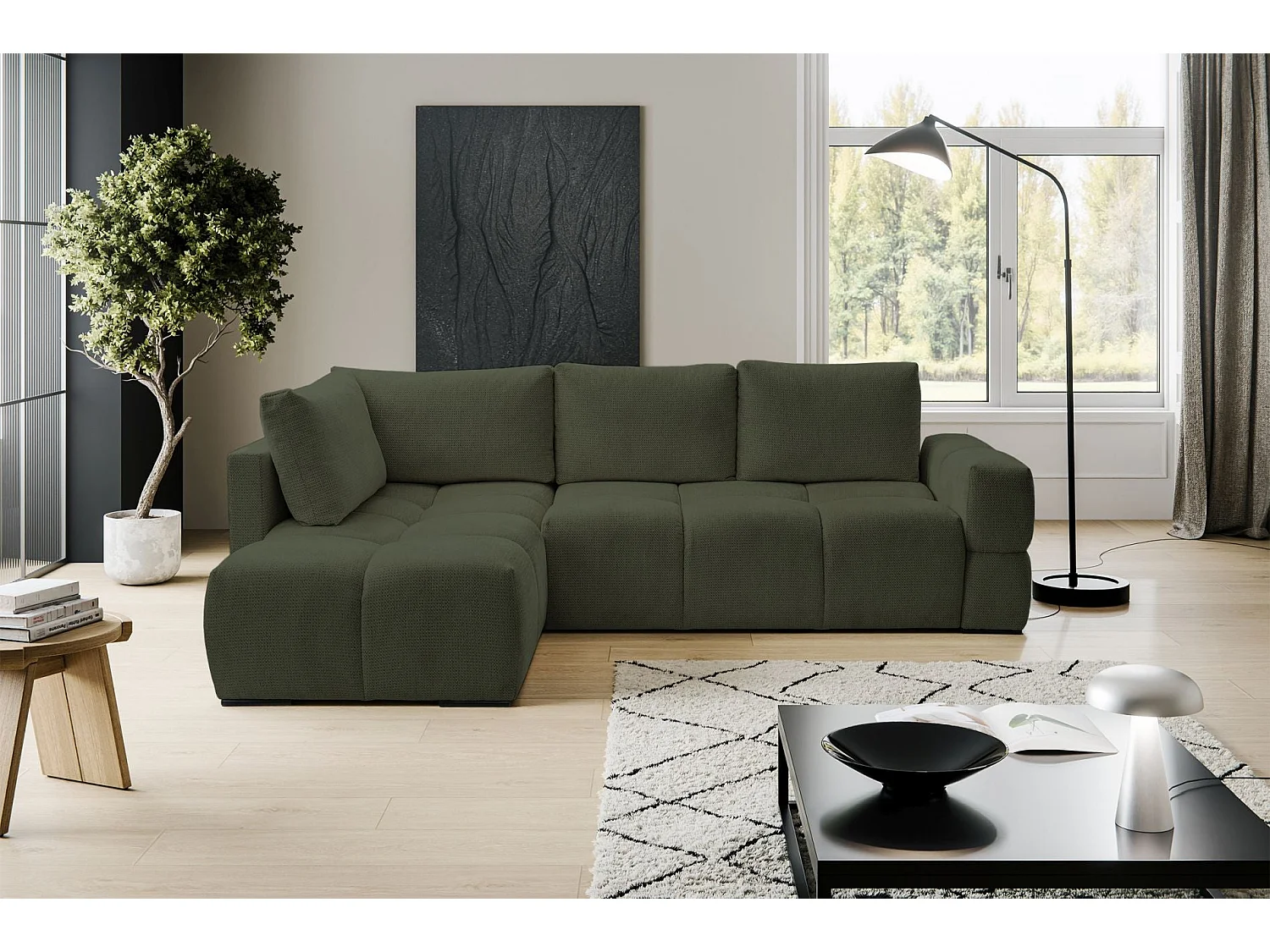 Canapé d’angle en chenille – convertible avec coffre de rangement – vert olive – réversible – TAREMI
