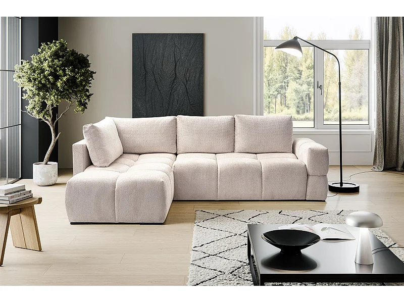 Canapé d’angle en chenille – convertible avec coffre de rangement – beige clair – réversible – TAREMI