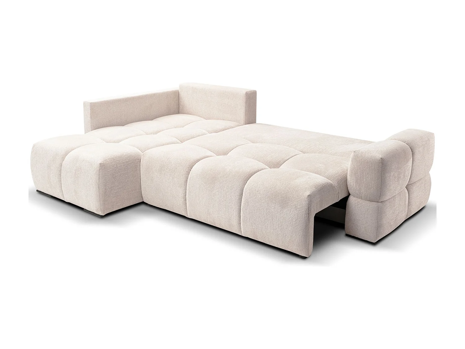 Ecksofa mit Chenillebezug – Schlaffunktion und Stauraum – Hellbeige – beidseitig – TAREMI