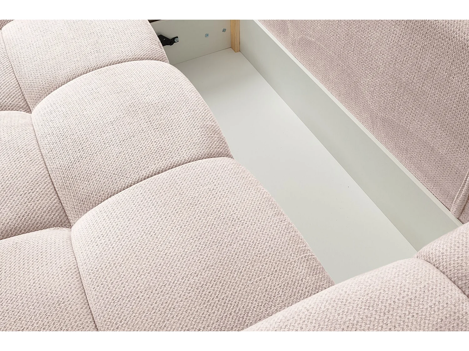 Ecksofa mit Chenillebezug – Schlaffunktion und Stauraum – Hellbeige – beidseitig – TAREMI